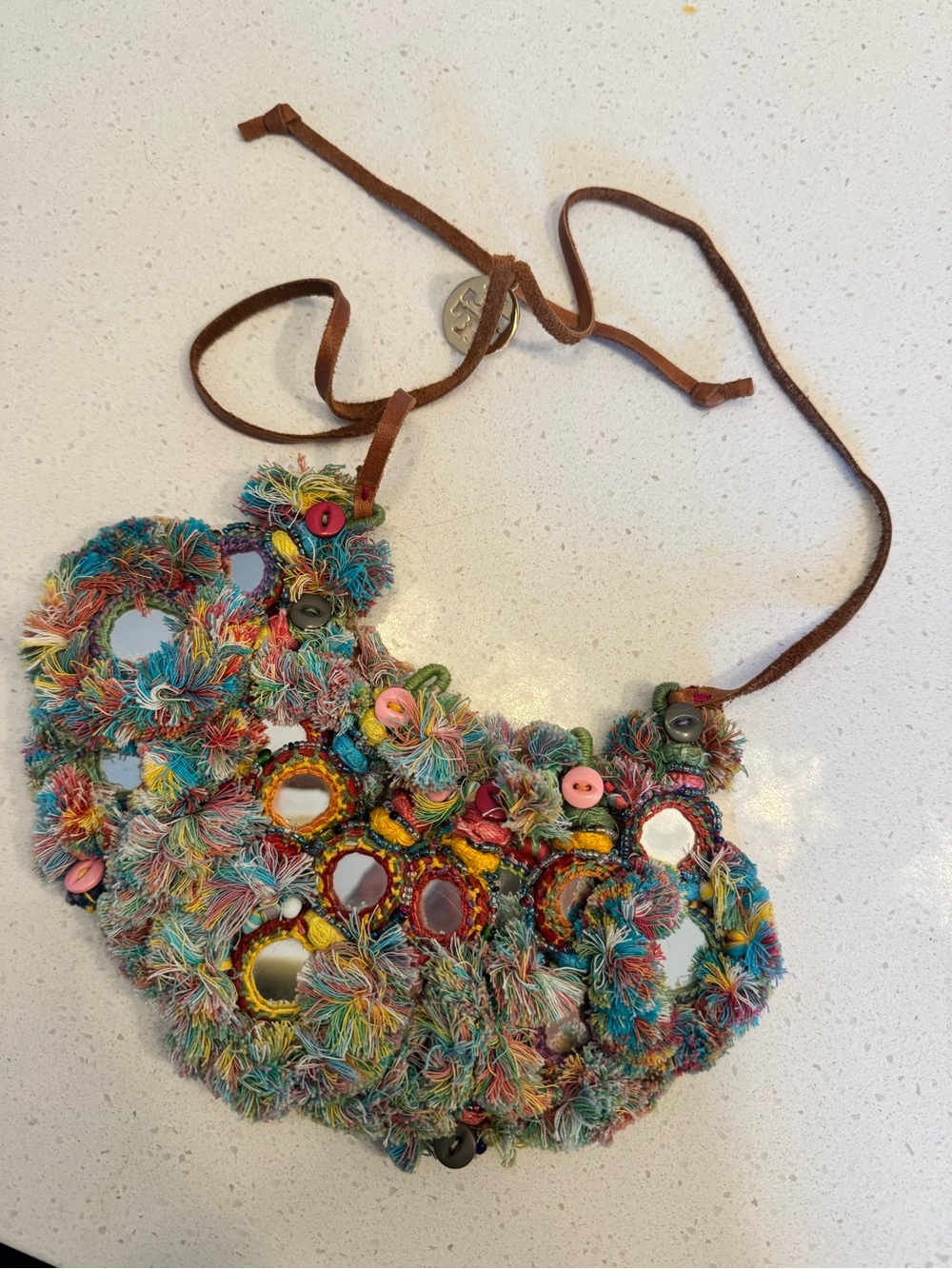Tory Burch Multicolor Crochet Mirror Fringe Necklace with Brown Leather Tie